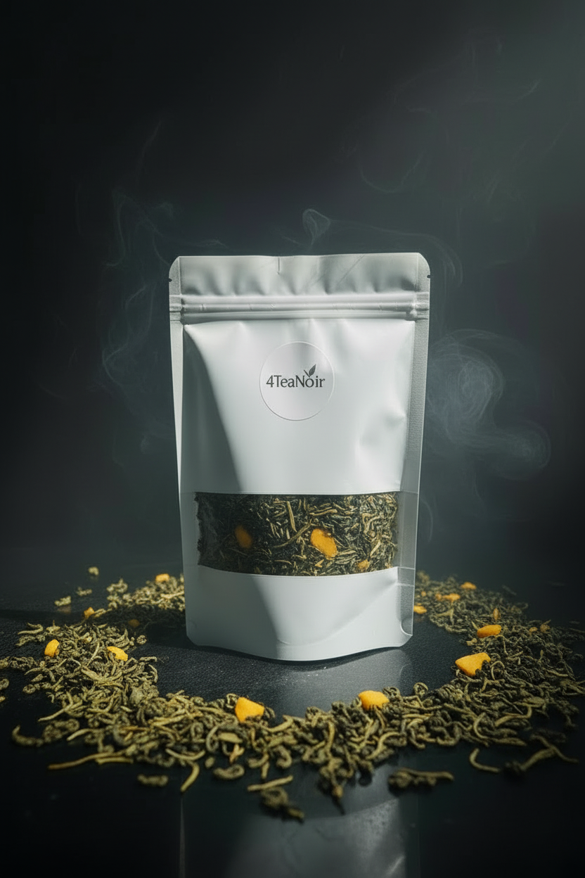 Premium thee verpakking met groene thee en subtiele toevoeging van mango.