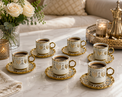 Luxury Turkish Coffee Cup Set for 6 – White Porcelain with Gold Accents & Matching Saucers
