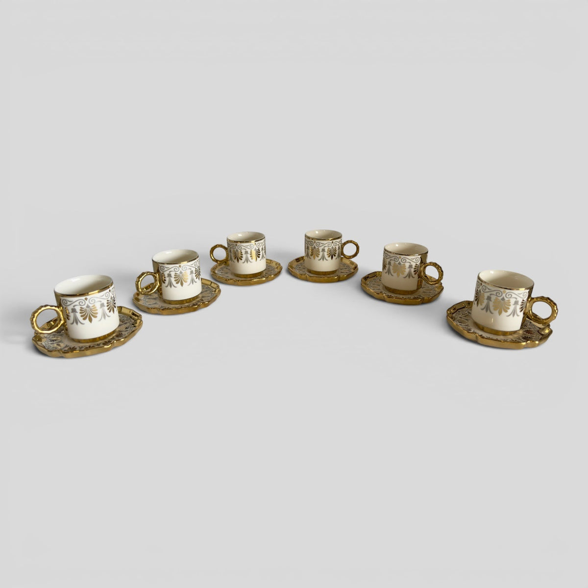 Luxury Turkish Coffee Cup Set for 6 – White Porcelain with Gold Accents & Matching Saucers