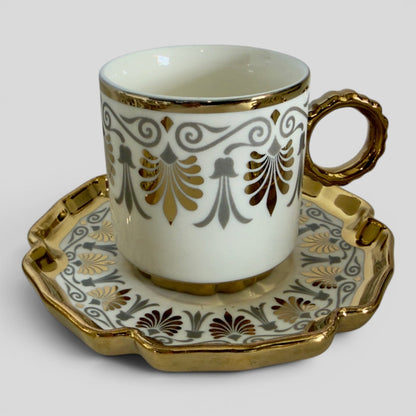 Luxury Turkish Coffee Cup Set for 6 – White Porcelain with Gold Accents & Matching Saucers