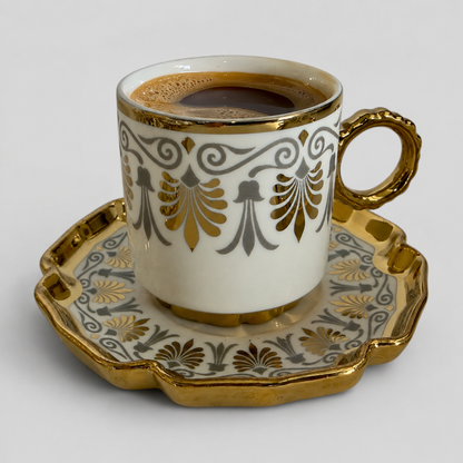 Luxury Turkish Coffee Cup Set for 6 – White Porcelain with Gold Accents & Matching Saucers