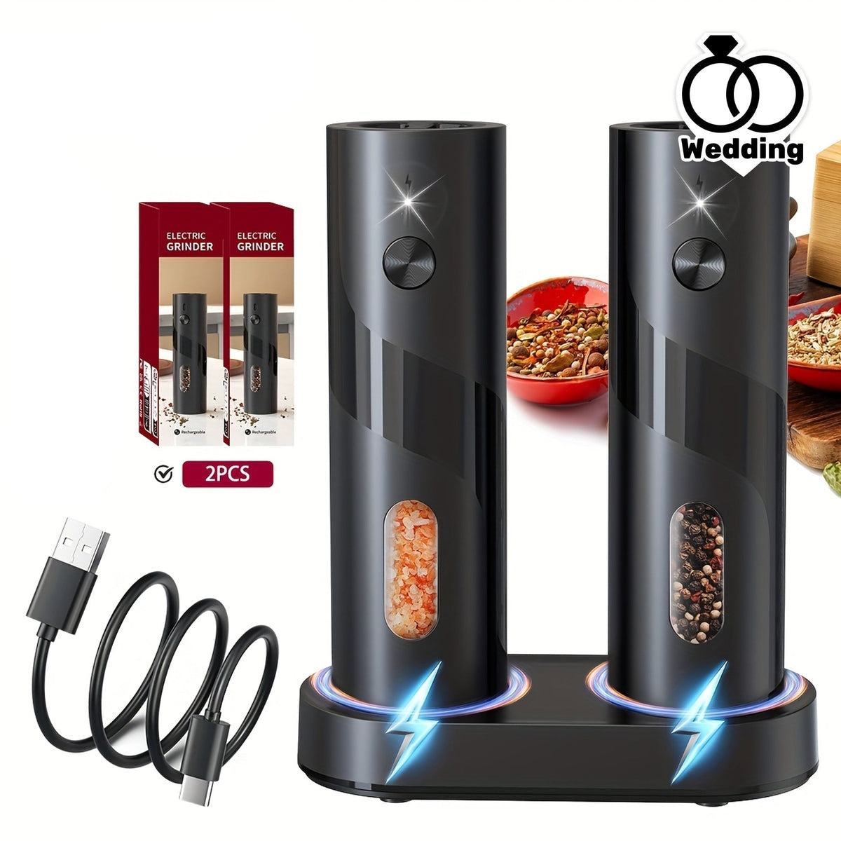 Electric salt and pepper mill set with charging station (2-piece)