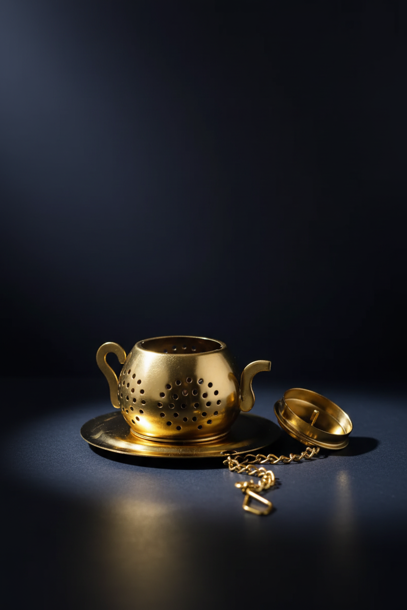 Gouden theefilter potje op donkere achtergrond