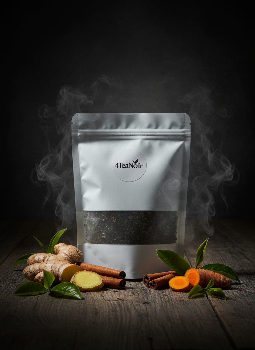 Mysterieuze 4TeaNoir met gember, kaneel, kurkuma en groene thee