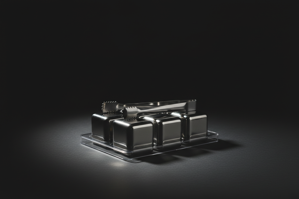 Tray met RVS ijsblokjes op mysterieuze achtergrond